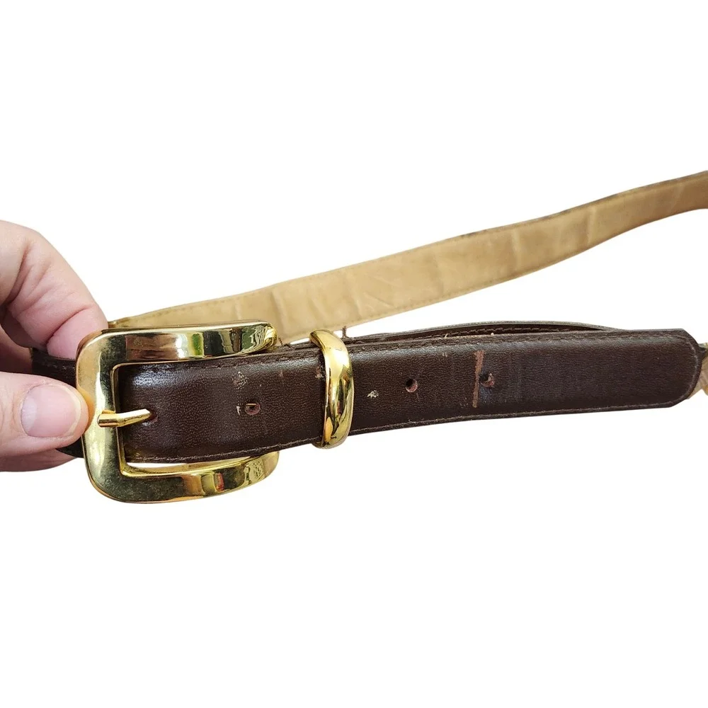Classic Dark Brown Genuine Leather Belt with Gold Ring Accents Sz L Dk Academia‎